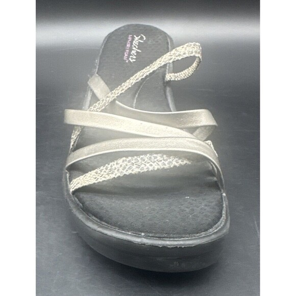 Skechers Women’s Open Toe Slip-on Strappy Wedge BLACK SILVER Sandal Heels Sz 9 - Picture 10 of 16